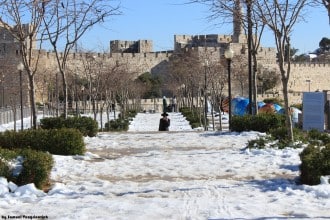 Snow in Jerusalem outside of Old City