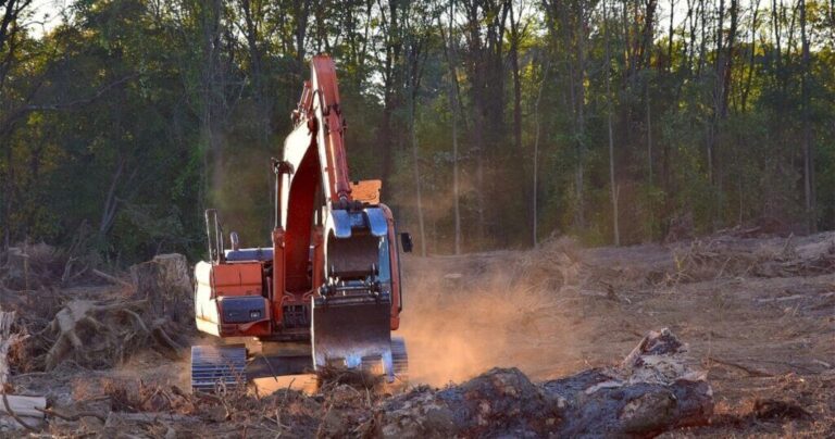 Deforestation | The Interfaith Center for Sustainable Development Excavator with red arm at a dusty construction site, clearing land with trees in the background