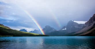 A double rainbow over Bow Lake in Banff National Park, Alberta, Canada